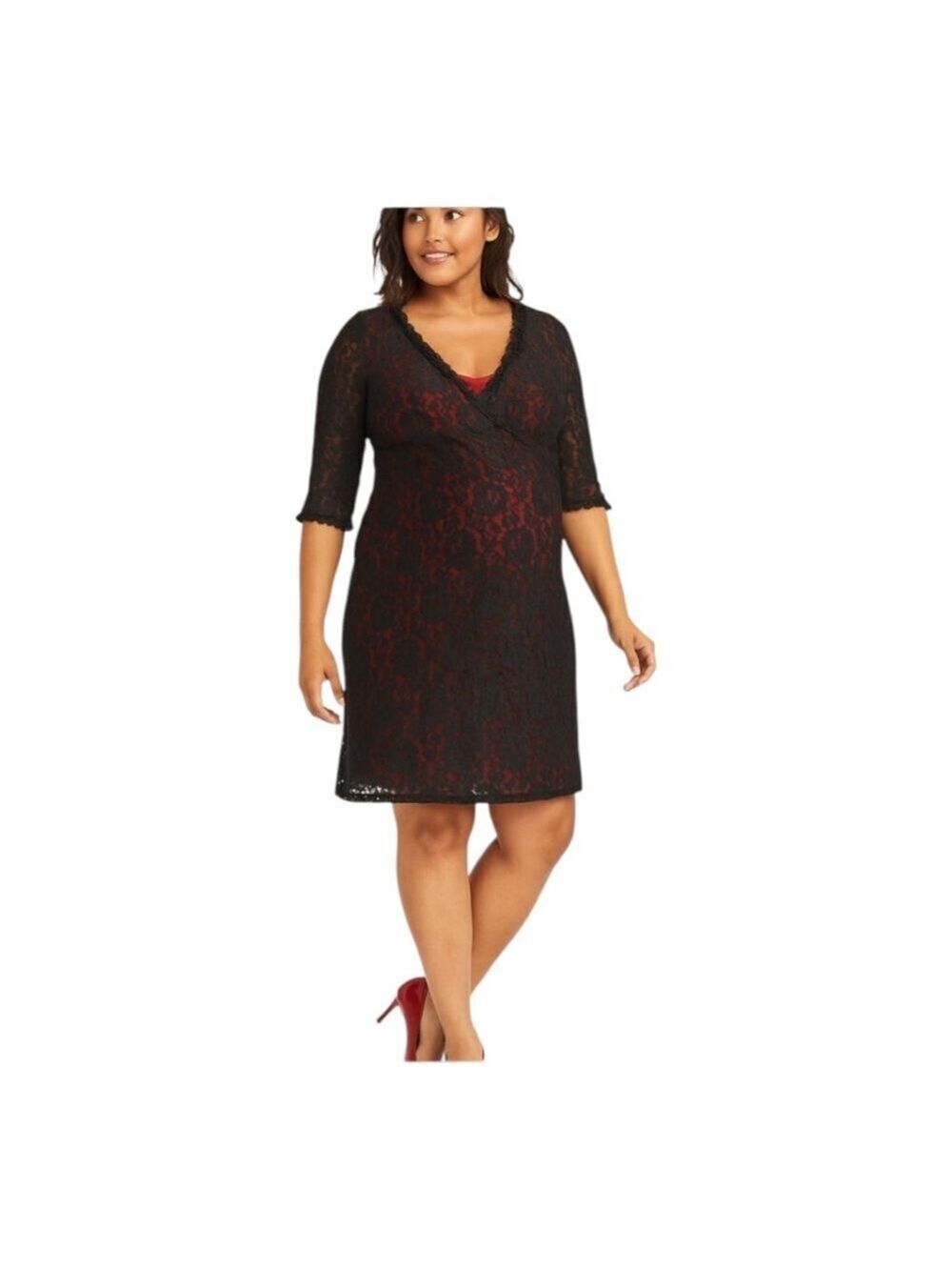 Motherhood Maternity Black over red lace dress Size large EUC